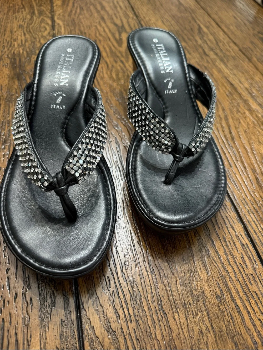 Y2K Italian Shoemakers Wedge Sandals with Rhinestone Bling Straps - 6